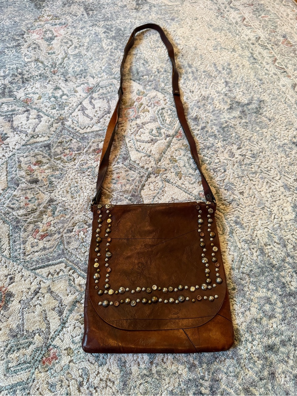 Lovestitch Brown Studded Crossbody Bag Western Boho Distressed Shoulder Purse